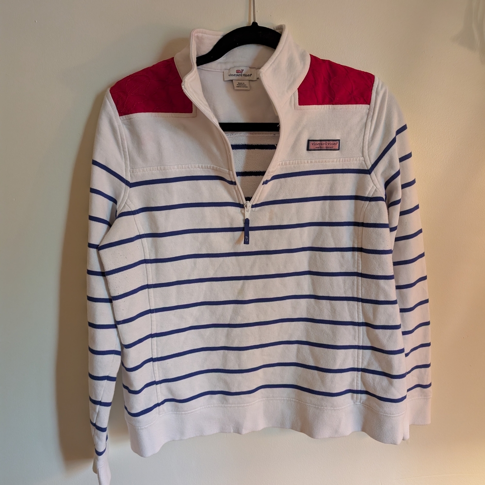 White and Blue Striped Quarter-Zip Pullover